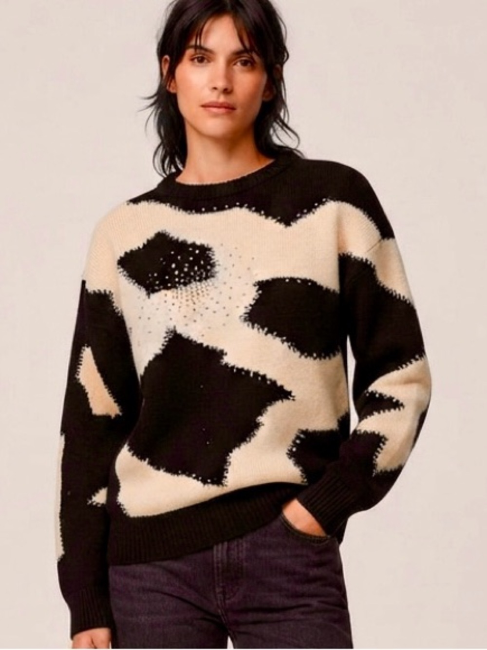 Vintage ESCADA by Margaretha Ley 100% Virgin Wool Rhinestone Abstract Sweater 36